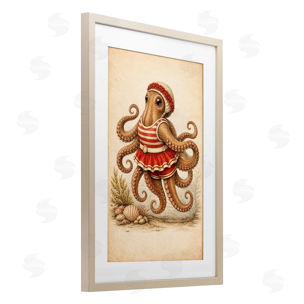 Grotto Studios Octopus of Maritime Bathing Society Brown Framed Print Under Glass Wall Art