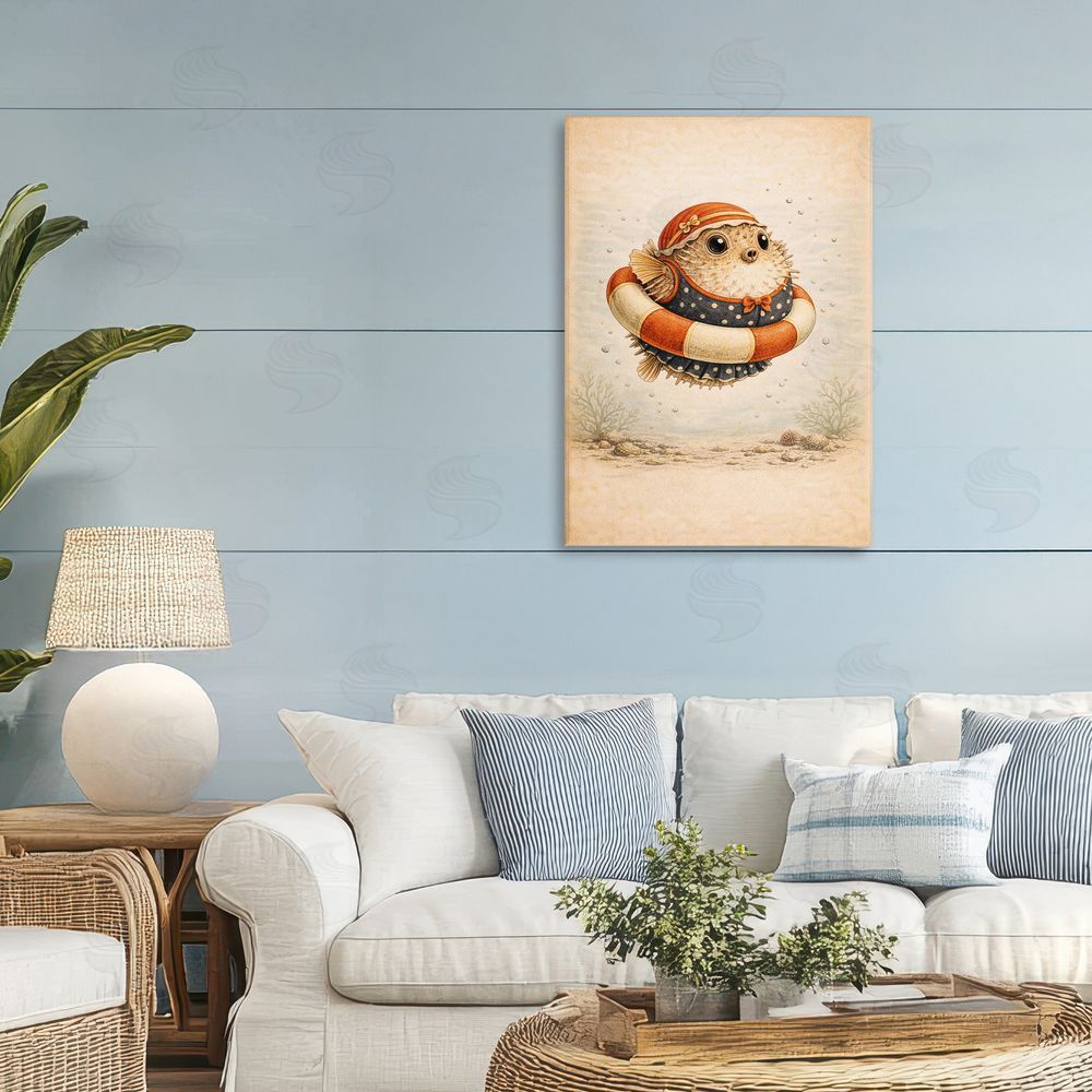 Grotto Studios Pufferfish Of Maritime Bathing Society Stretched Canvas Wall Art in Room