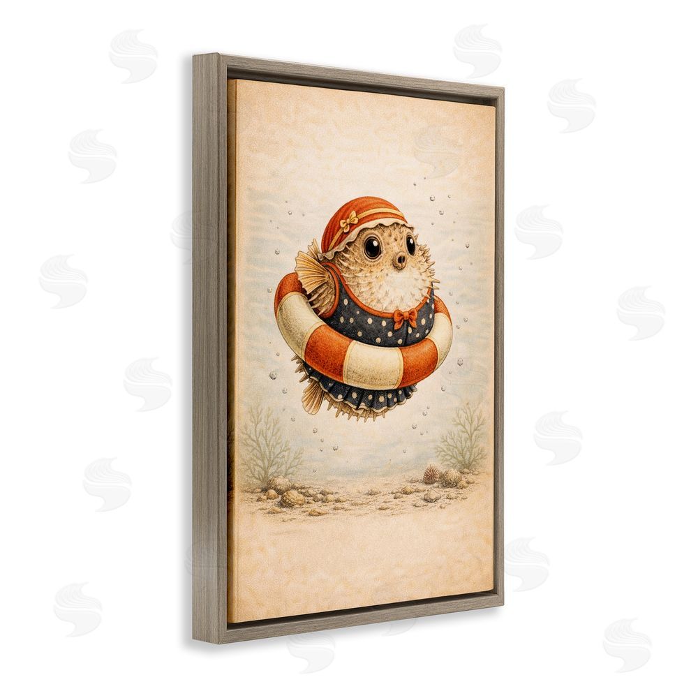 Grotto Studios Pufferfish Of Maritime Bathing Society Brown Floating Framed Canvas Wall Art