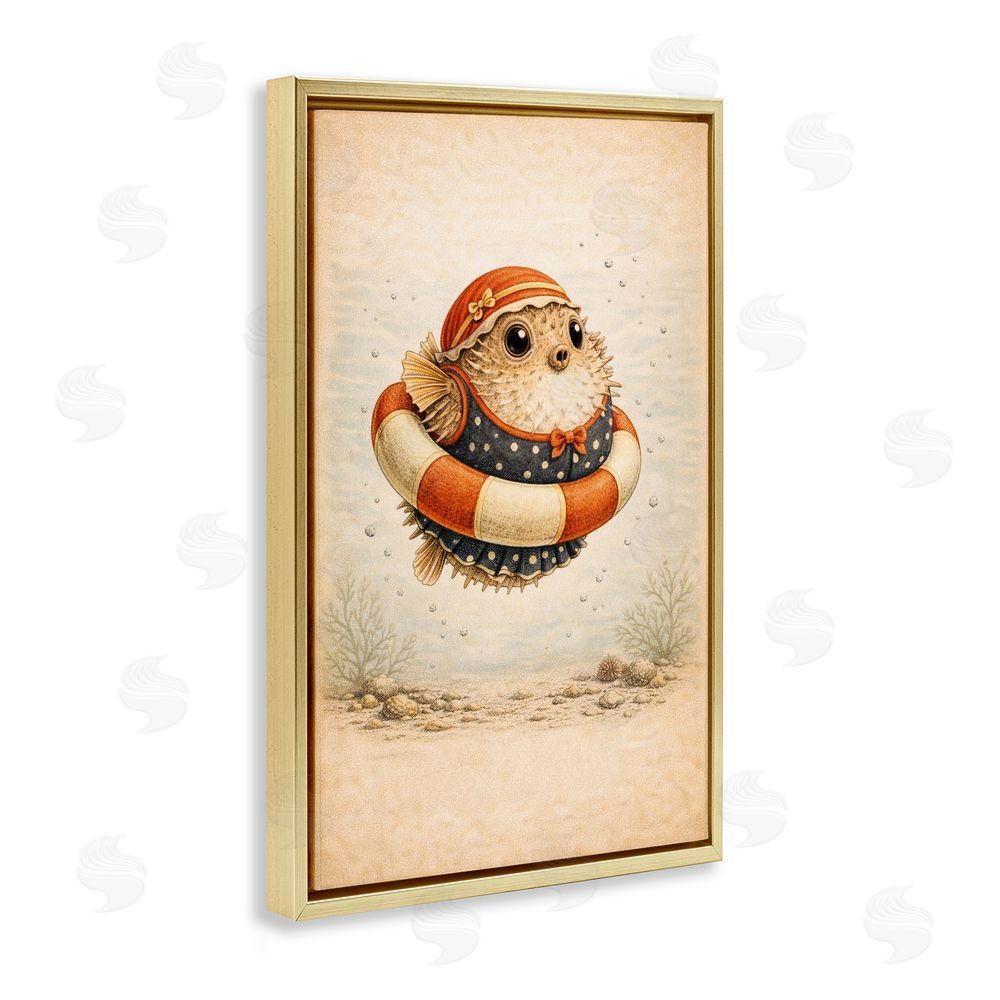 Grotto Studios Pufferfish Of Maritime Bathing Society Gold Floating Framed Canvas Wall Art