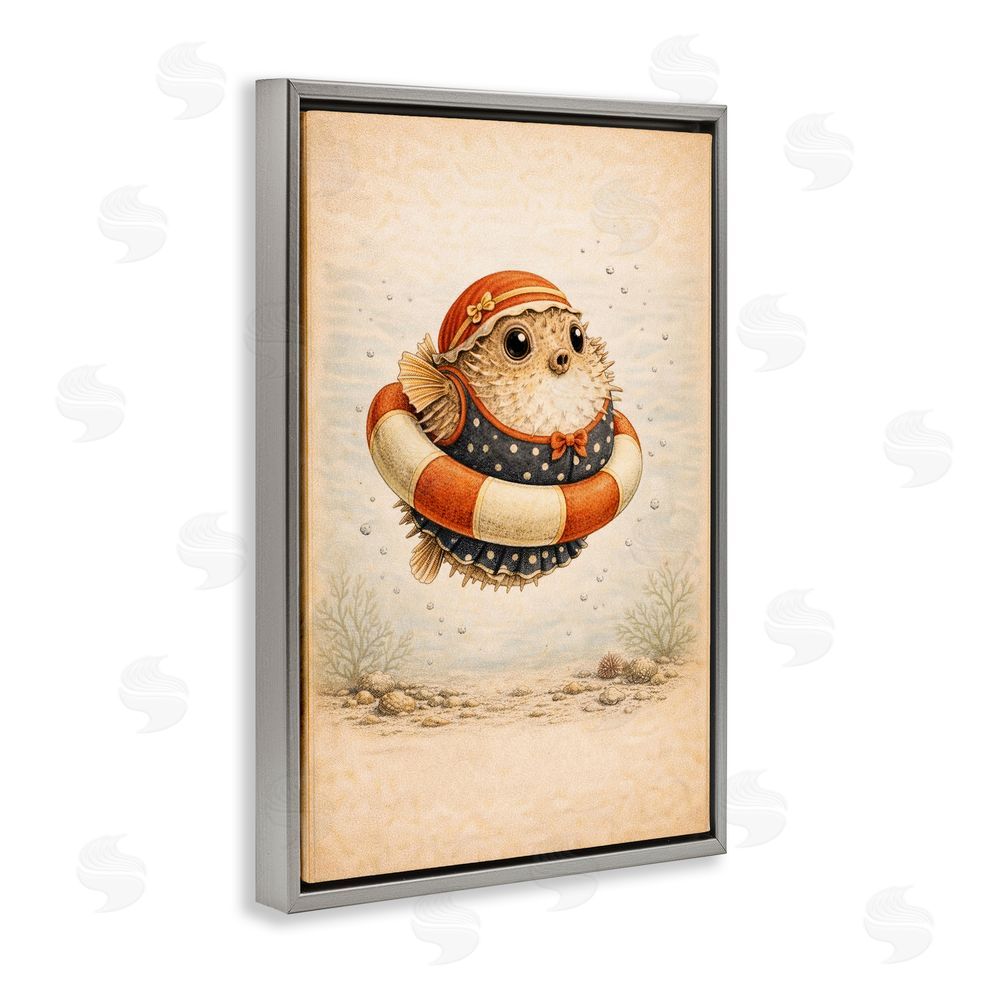 Grotto Studios Pufferfish Of Maritime Bathing Society Gray Floating Framed Canvas Wall Art