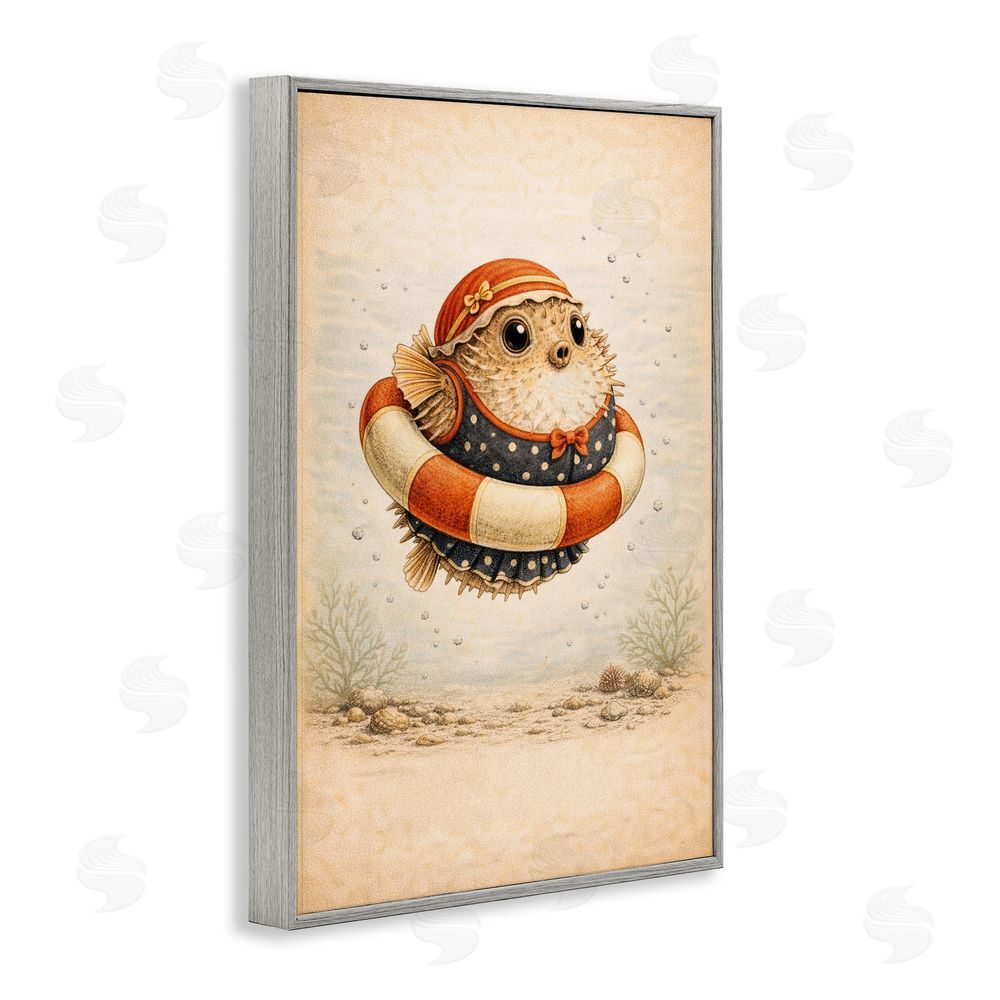 Grotto Studios Pufferfish Of Maritime Bathing Society Gray Framed Giclee Wall Art