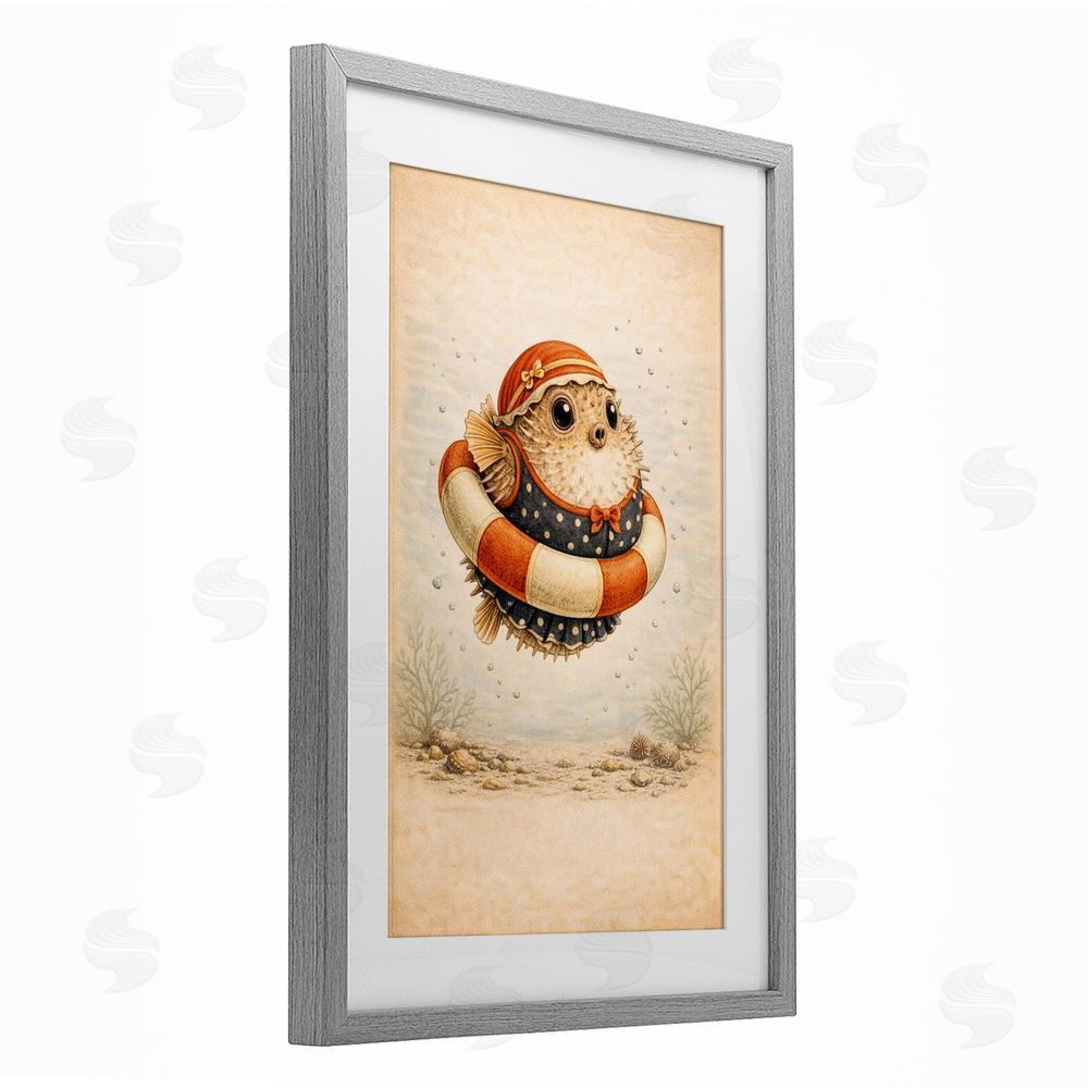 Grotto Studios Pufferfish Of Maritime Bathing Society Gray Framed Print Under Glass Wall Art