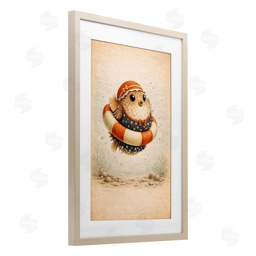 Grotto Studios Pufferfish Of Maritime Bathing Society Brown Framed Print Under Glass Wall Art