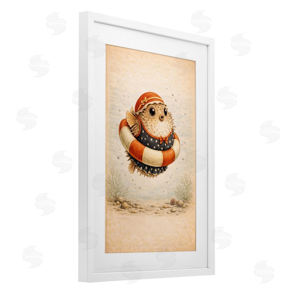 Grotto Studios Pufferfish Of Maritime Bathing Society White Framed Print Under Glass Wall Art