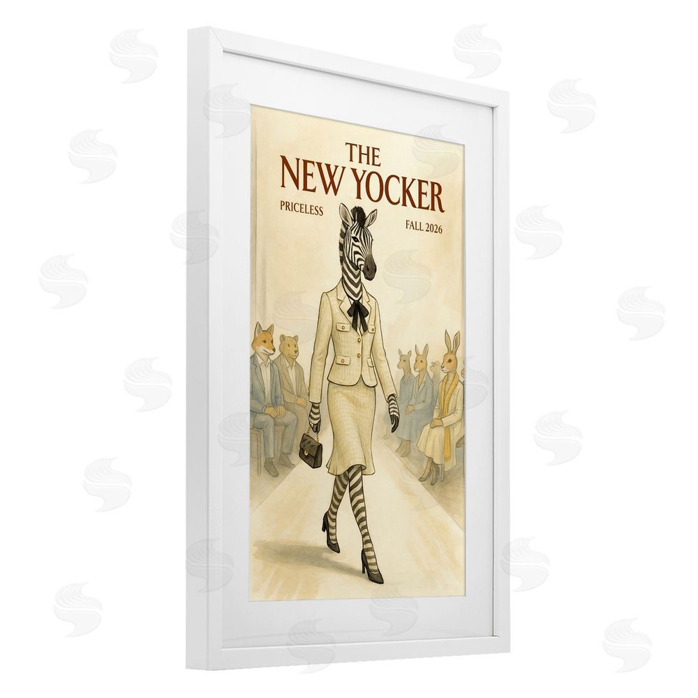 Grotto Studios New Yocker Zebra Model White Framed Print Under Glass Wall Art