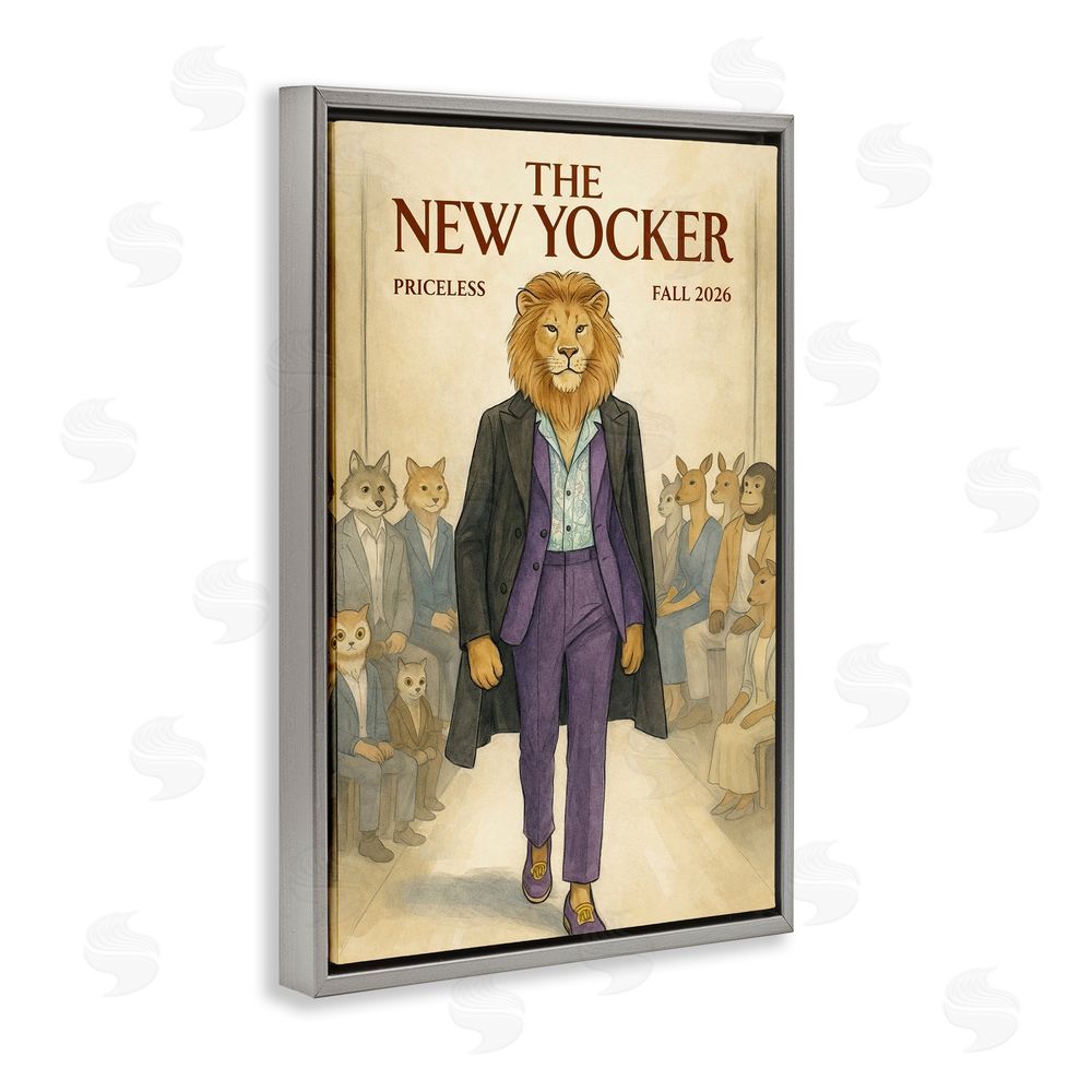 Grotto Studios New Yocker Lion Model Gray Floating Framed Canvas Wall Art