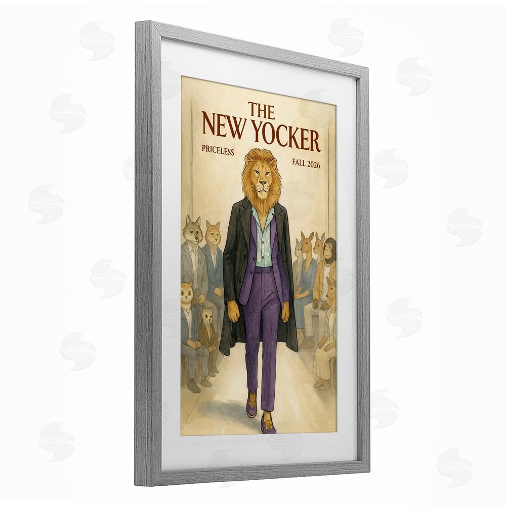 Grotto Studios New Yocker Lion Model Gray Framed Print Under Glass Wall Art