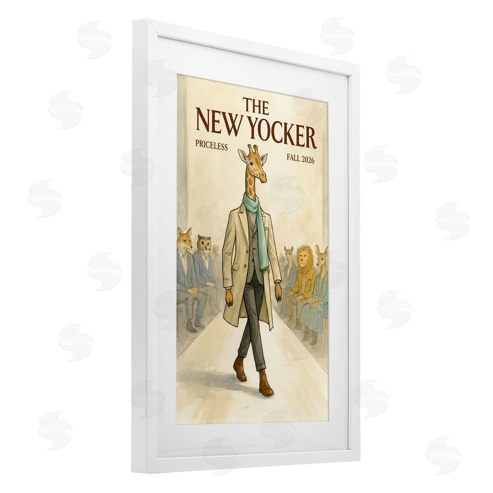 Grotto Studios New Yocker Giraffe Model White Framed Print Under Glass Wall Art