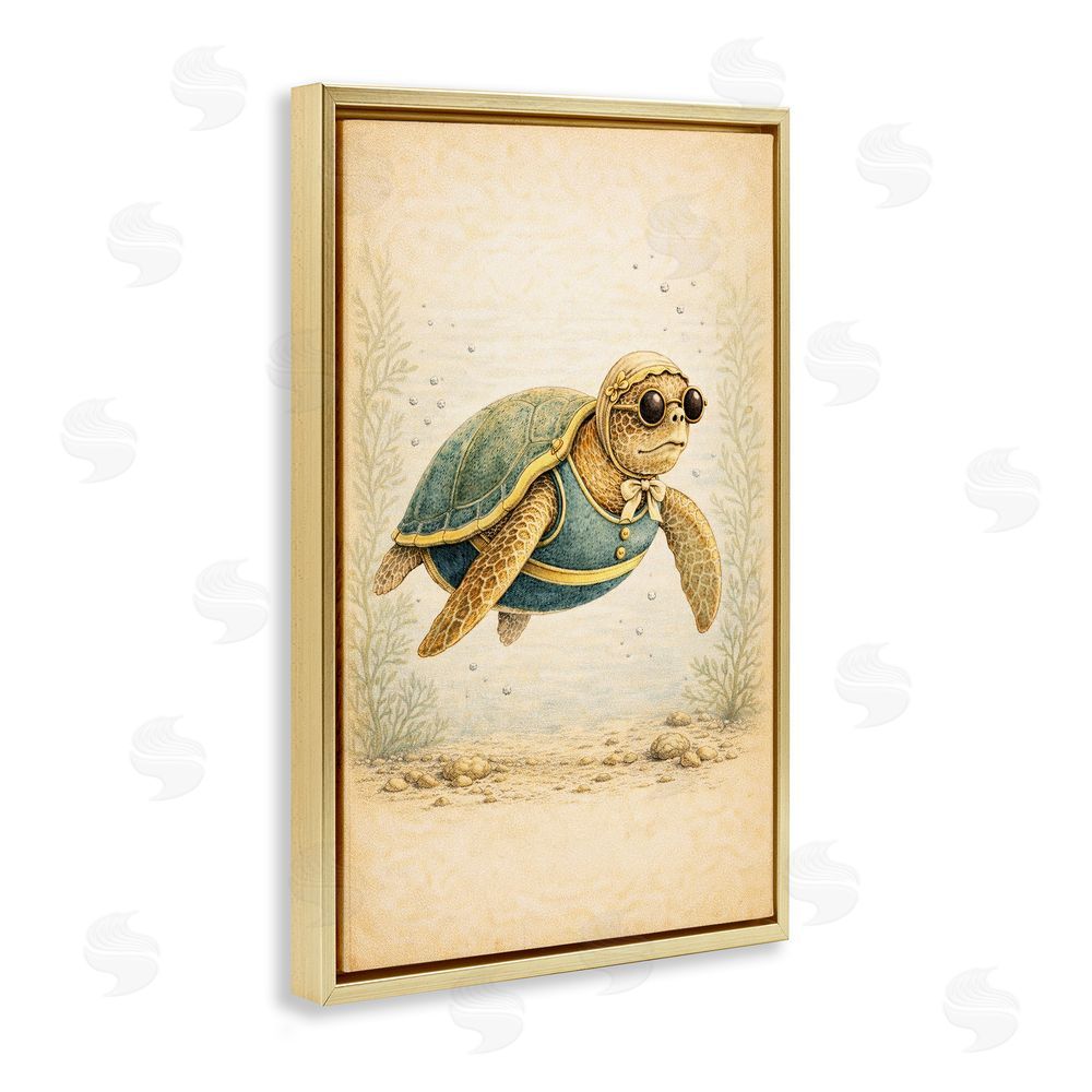 Grotto Studios Maritime Bathing Society Turtle Gold Floating Framed Canvas Wall Art