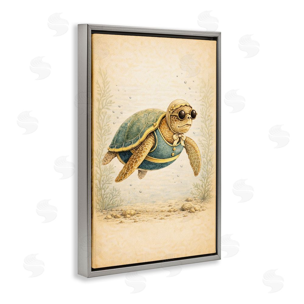 Grotto Studios Maritime Bathing Society Turtle Gray Floating Framed Canvas Wall Art