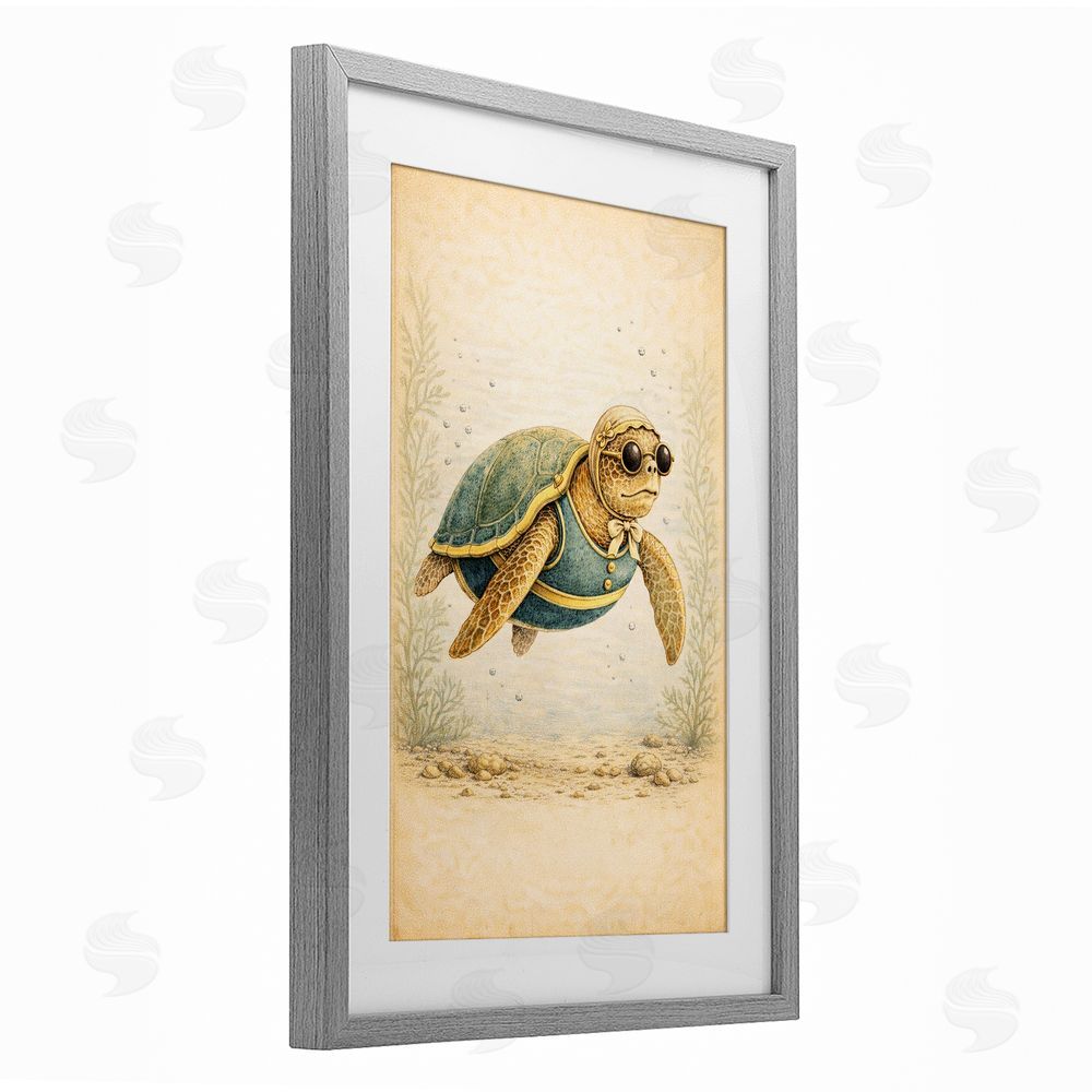 Grotto Studios Maritime Bathing Society Turtle Gray Framed Print Under Glass Wall Art