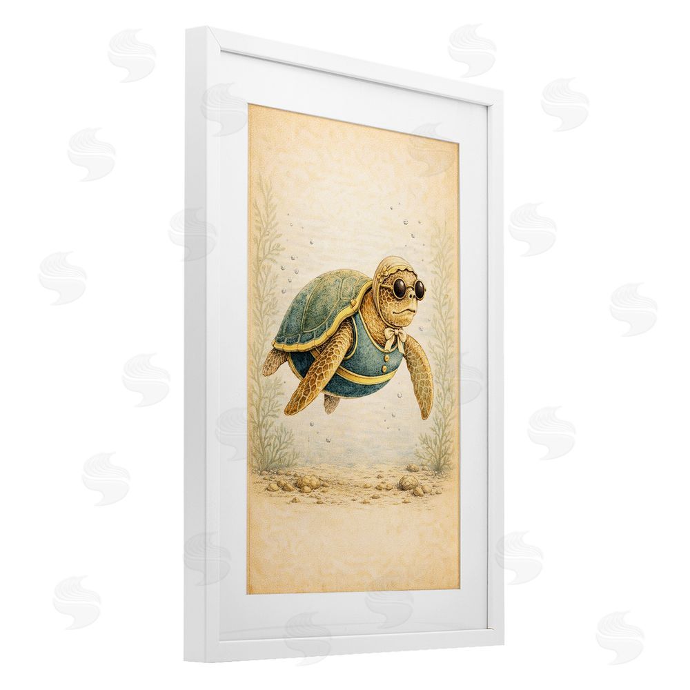 Grotto Studios Maritime Bathing Society Turtle White Framed Print Under Glass Wall Art
