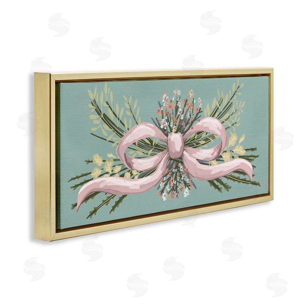 Connie Summers Pink Bow Wildflower Arrangement Gold Floating Frame Canvas Wall Art Print