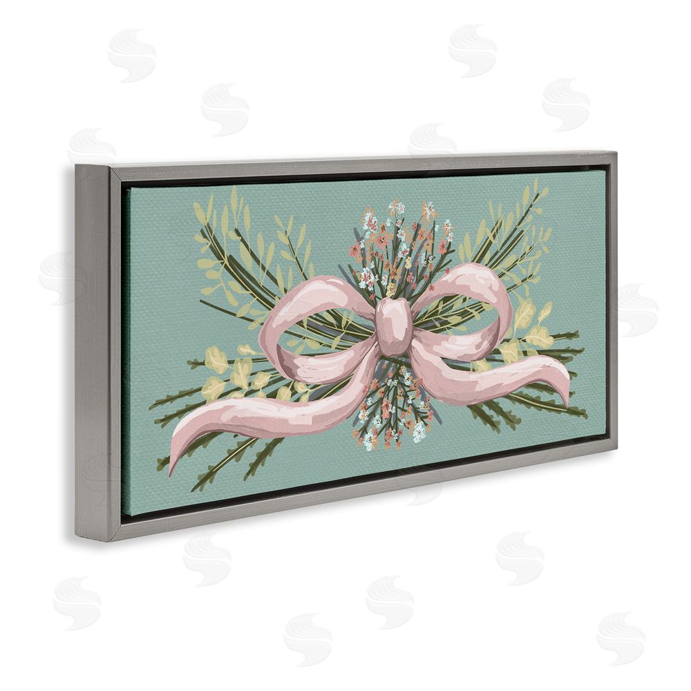 Connie Summers Pink Bow Wildflower Arrangement Gray Floating Frame Canvas Wall Art Print