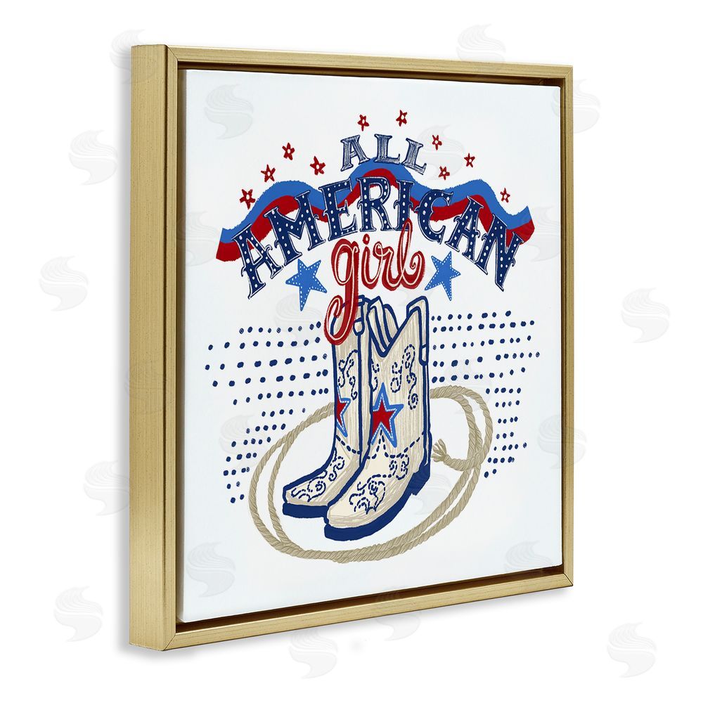 Connie Summers All American Girl with Boots Gold Floating Frame Canvas Wall Art Print