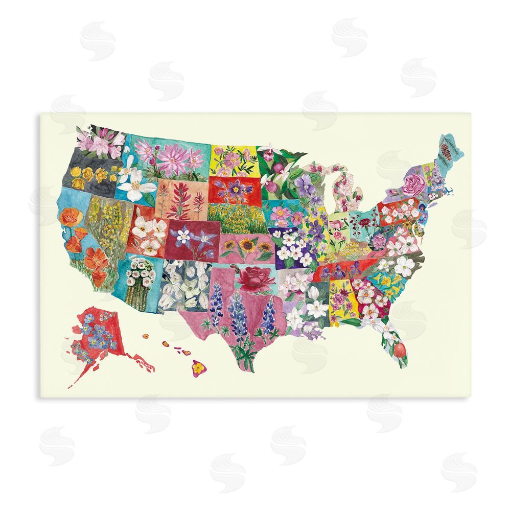 Josi Opolenstisima Botanical Map of State Flowers Stretched Canvas Wall Art Print