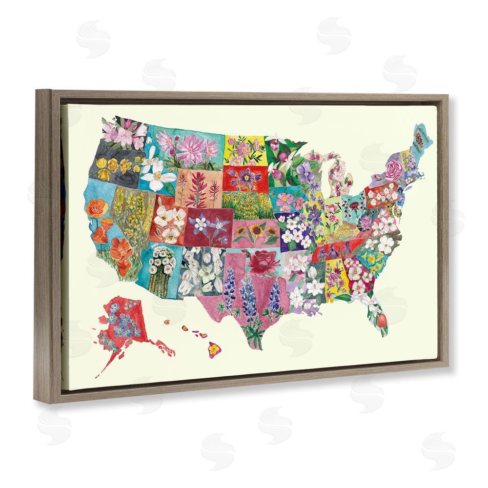 Josi Opolenstisima Botanical Map of State Flowers Brown Floating Frame Canvas Wall Art Print