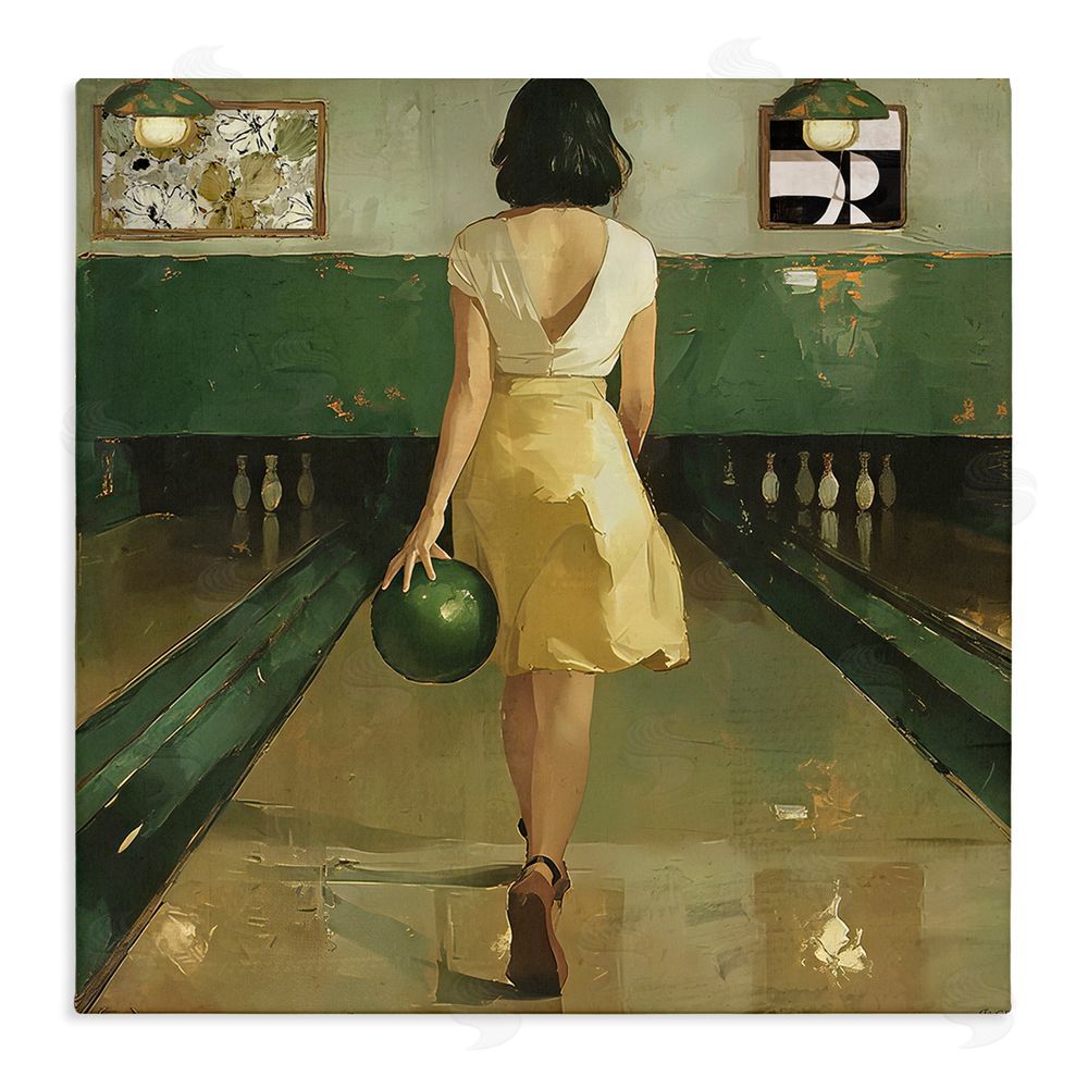 Annabelle Hall Green Vintage Bowling Alley Stretched Canvas Wall Art Print