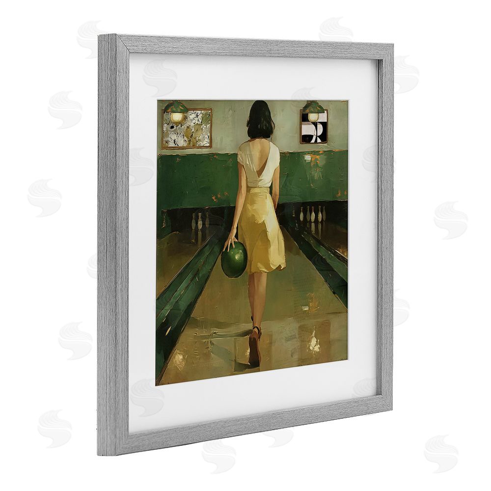 Annabelle Hall Green Vintage Bowling Alley Gray Framed Print Under Glass Wall Art