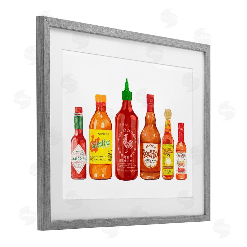 Ziwei Li Hot Sauce Bottle Collection Gray Framed Print Under Glass Wall Art
