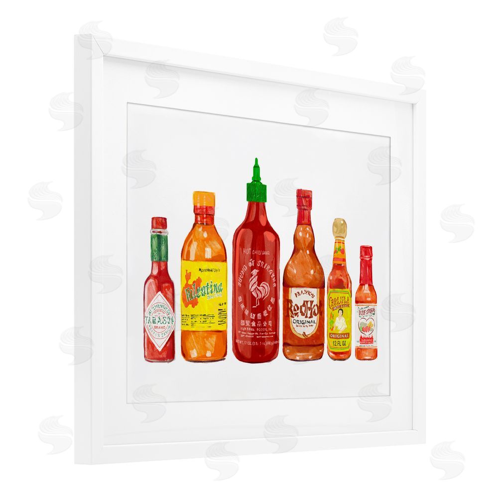 Ziwei Li Hot Sauce Bottle Collection White Framed Print Under Glass Wall Art