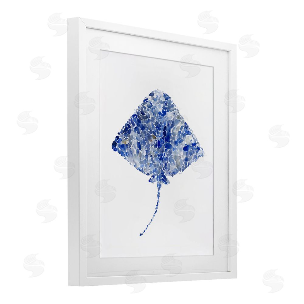 Ziwei Li Blue Watercolor Dappled Stingray White Framed Print Under Glass Wall Art