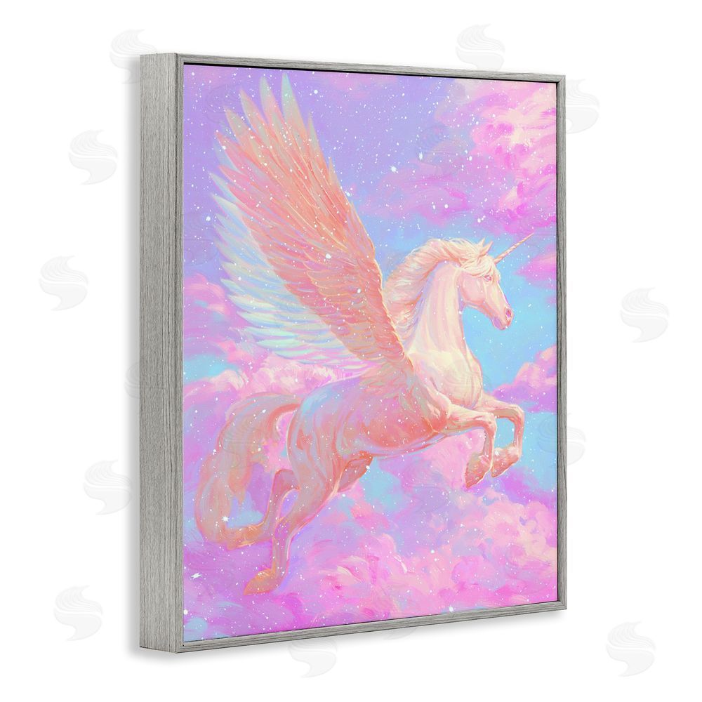 Ziwei Li Ethereal Winged Unicorn In Clouds Gray Framed Giclee Wall Art Print