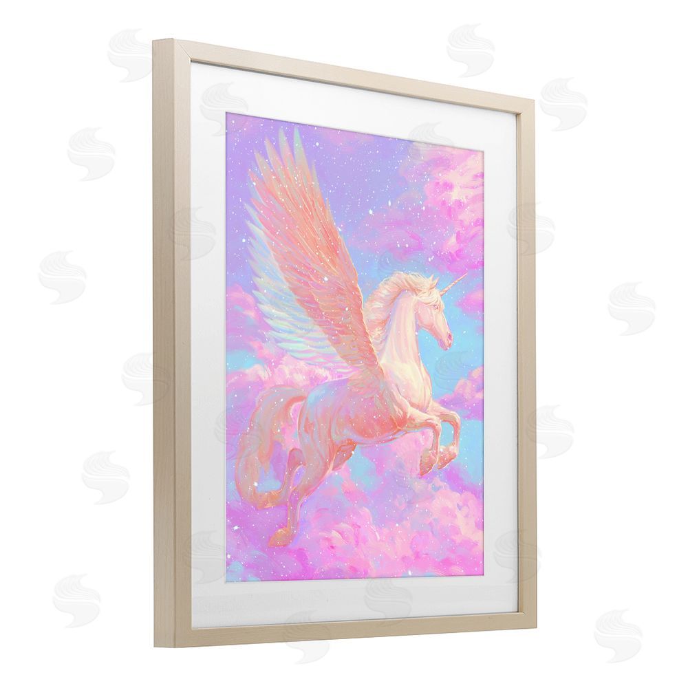 Ziwei Li Ethereal Winged Unicorn In Clouds Brown Framed Print Under Glass Wall Art
