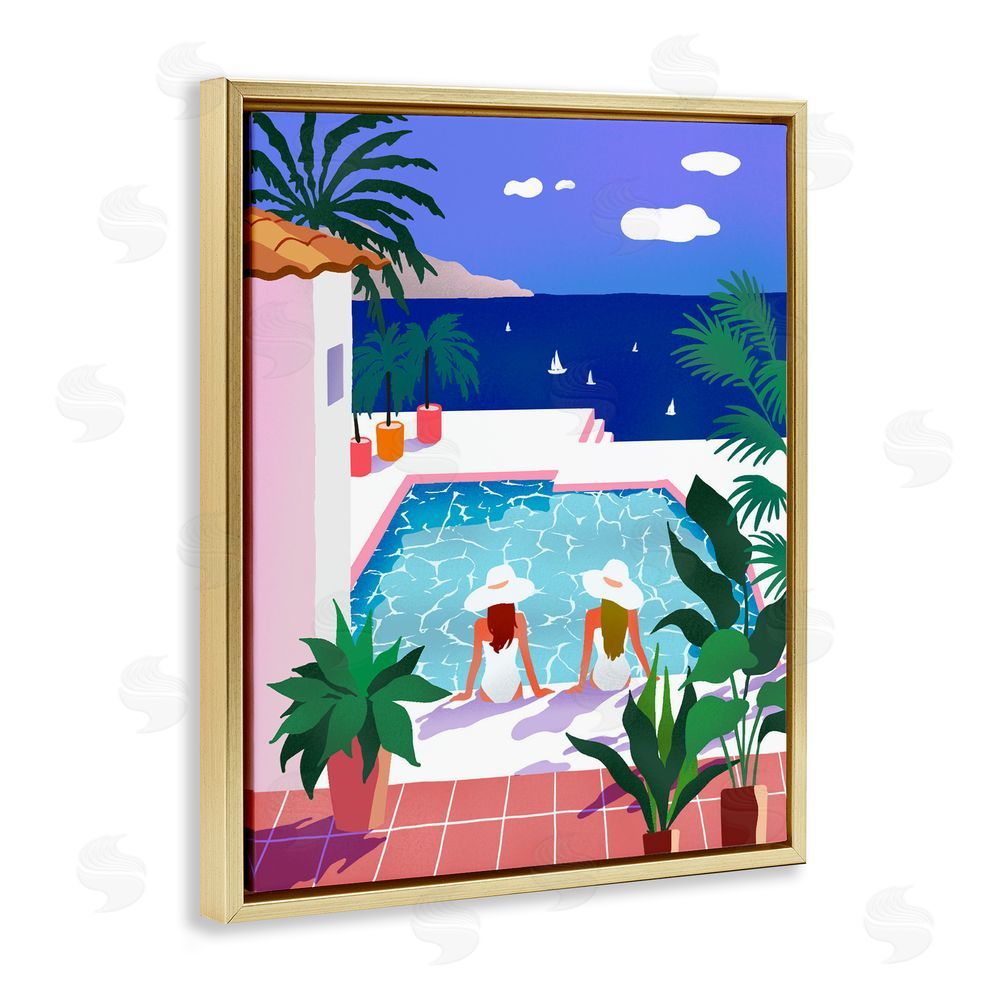 Ziwei Li Poolside Afternoon Friends Gold Floating Frame Canvas Wall Art Print