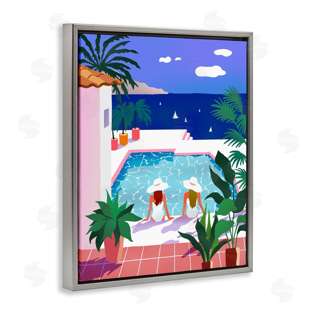 Ziwei Li Poolside Afternoon Friends Gray Floating Frame Canvas Wall Art Print