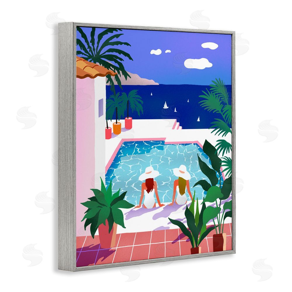 Ziwei Li Poolside Afternoon Friends Gray Framed Giclee Wall Art Print