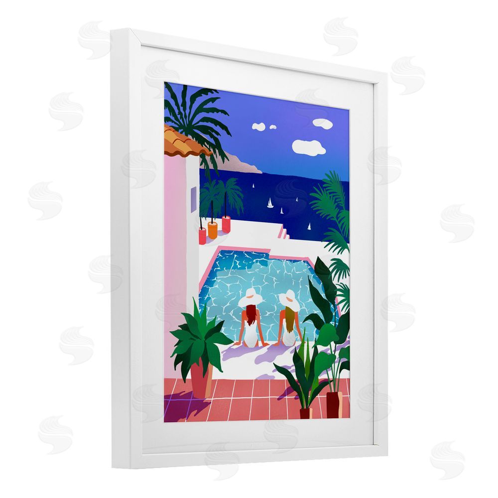 Ziwei Li Poolside Afternoon Friends White Framed Print Under Glass Wall Art