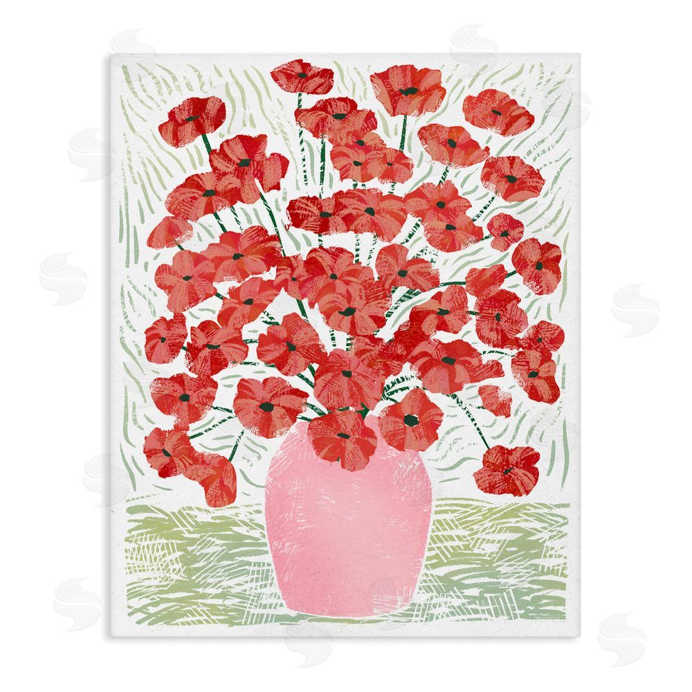 Ziwei Li Red Poppy Bouquet in Pink Vase Stretched Canvas Wall Art Print