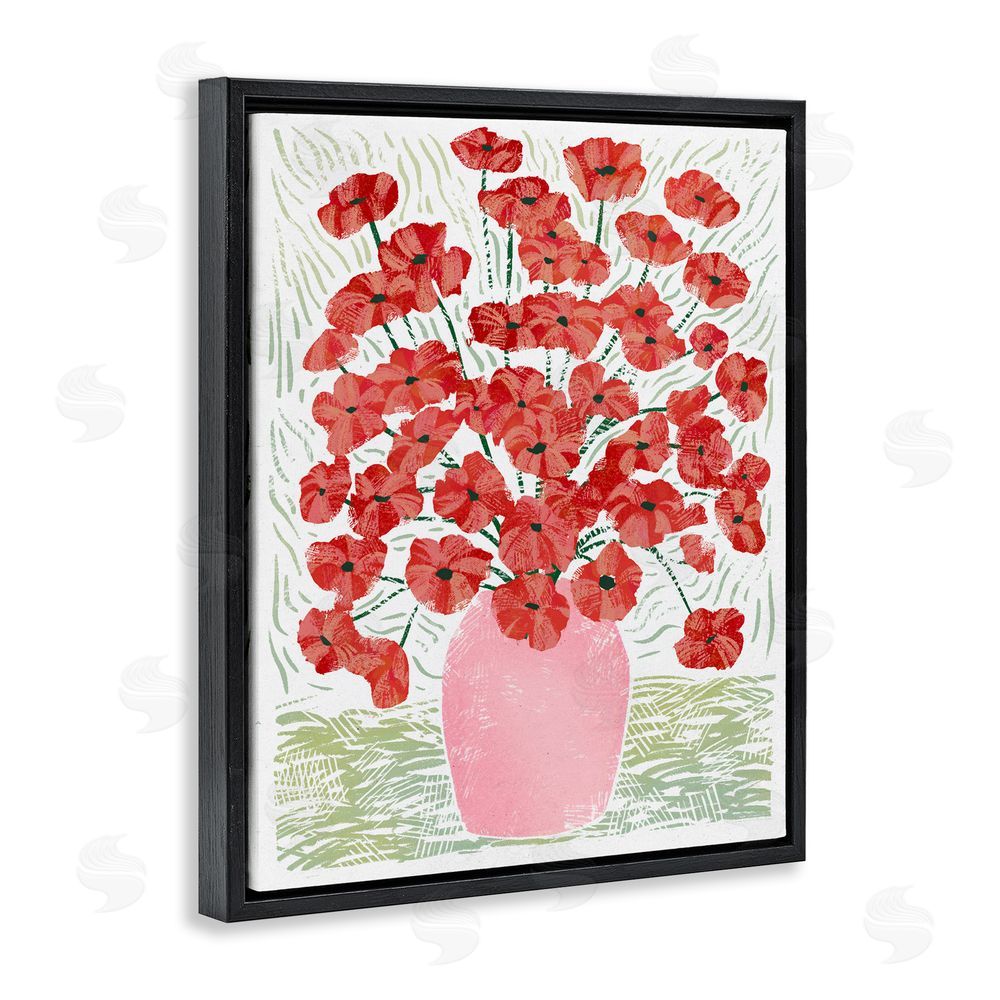 Ziwei Li Red Poppy Bouquet in Pink Vase Black Floating Frame Canvas Wall Art Print