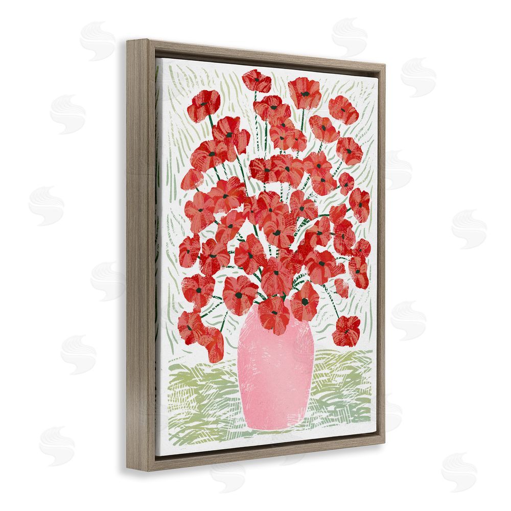 Ziwei Li Red Poppy Bouquet in Pink Vase Brown Floating Frame Canvas Wall Art Print