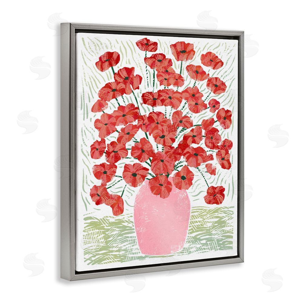 Ziwei Li Red Poppy Bouquet in Pink Vase Gray Floating Frame Canvas Wall Art Print