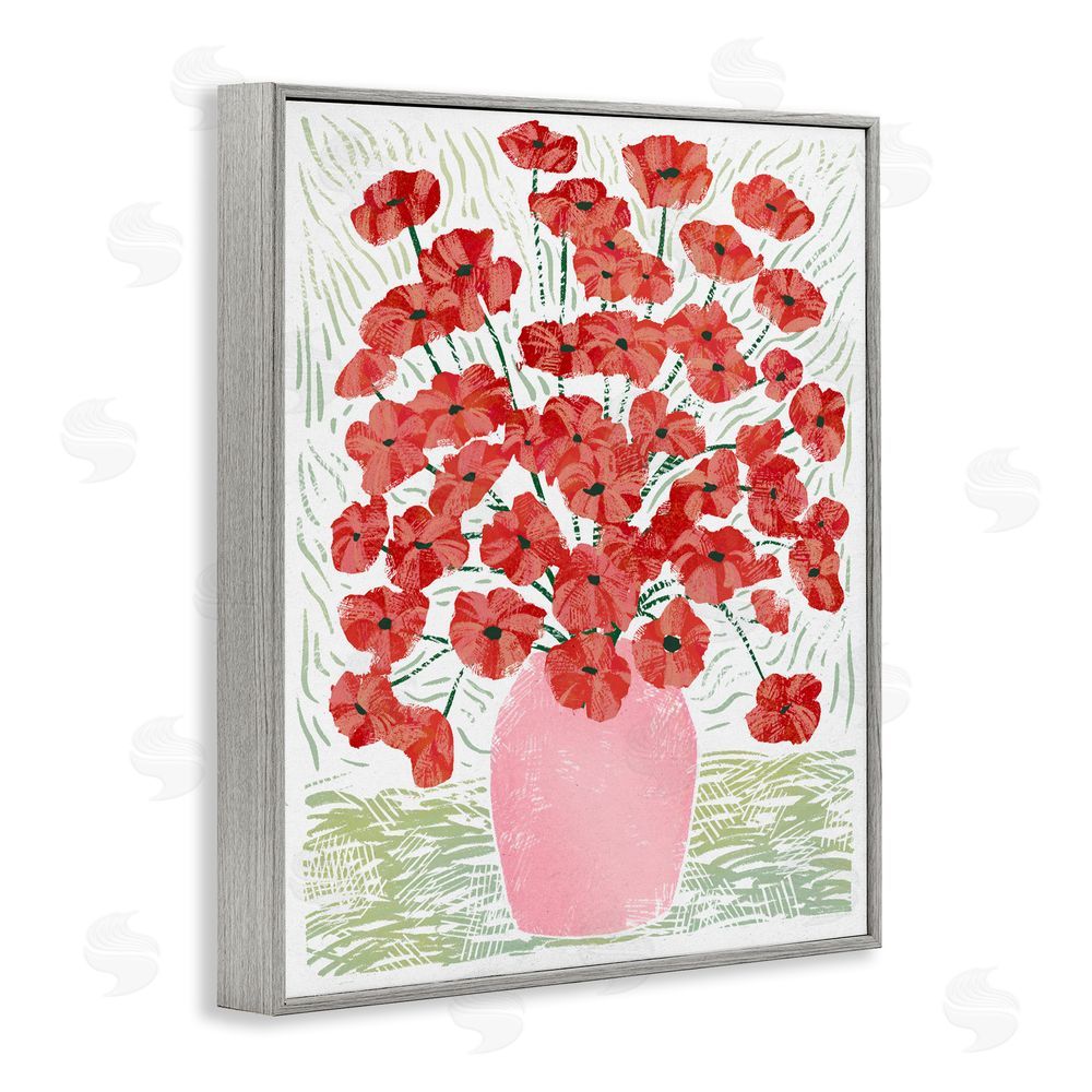 Ziwei Li Red Poppy Bouquet in Pink Vase Gray Framed Giclee Wall Art Print