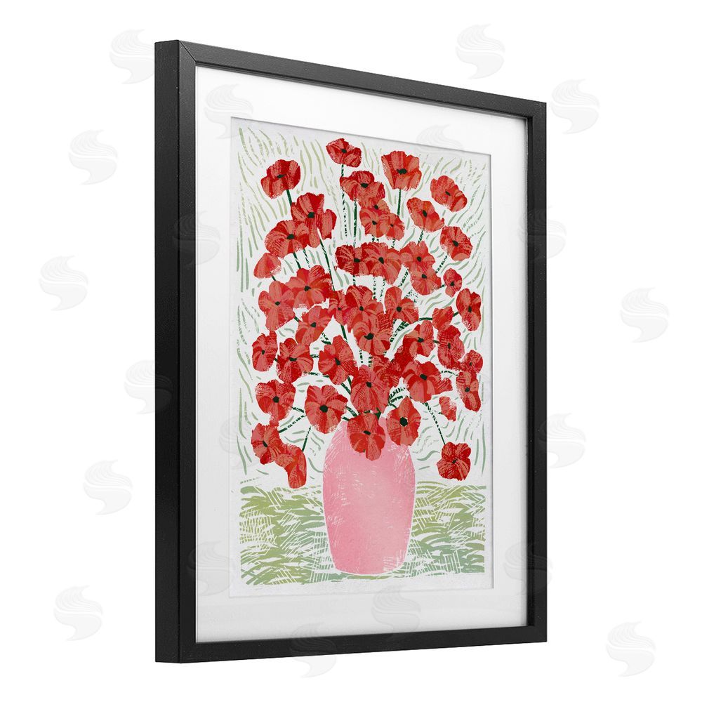 Ziwei Li Red Poppy Bouquet in Pink Vase Black Framed Print Under Glass Wall Art