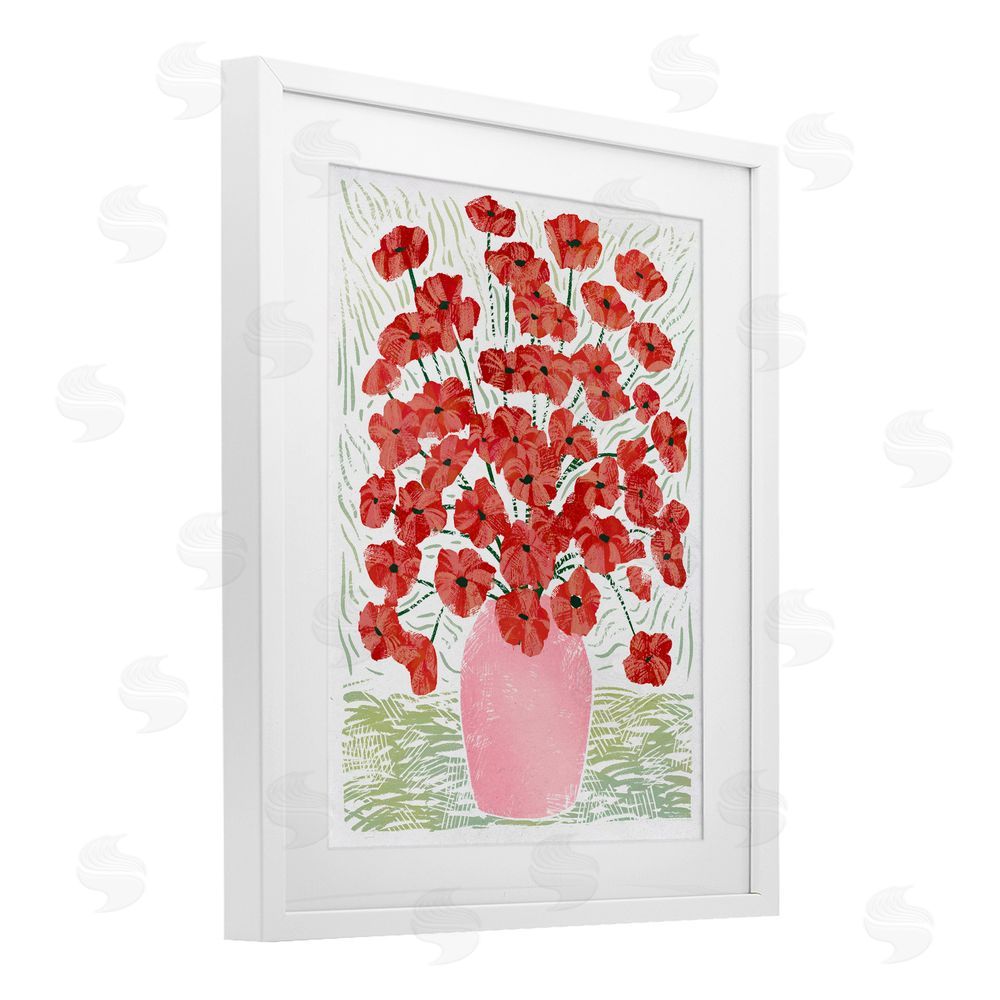 Ziwei Li Red Poppy Bouquet in Pink Vase White Framed Print Under Glass Wall Art