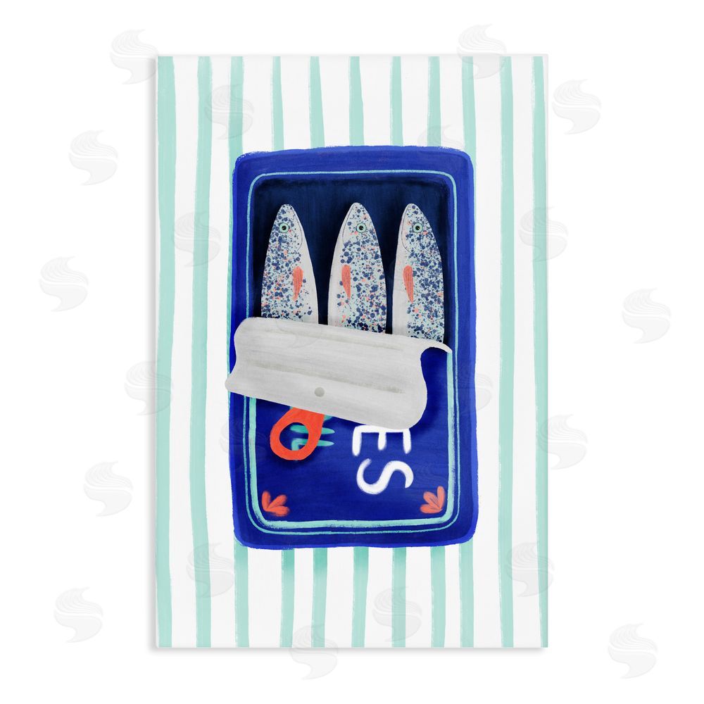 Metka Hiti Blue Sardines on Stripes Stretched Canvas Wall Art Print