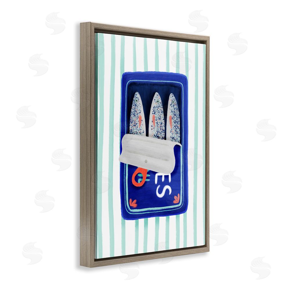 Metka Hiti Blue Sardines on Stripes Brown Floating Frame Canvas Wall Art Print