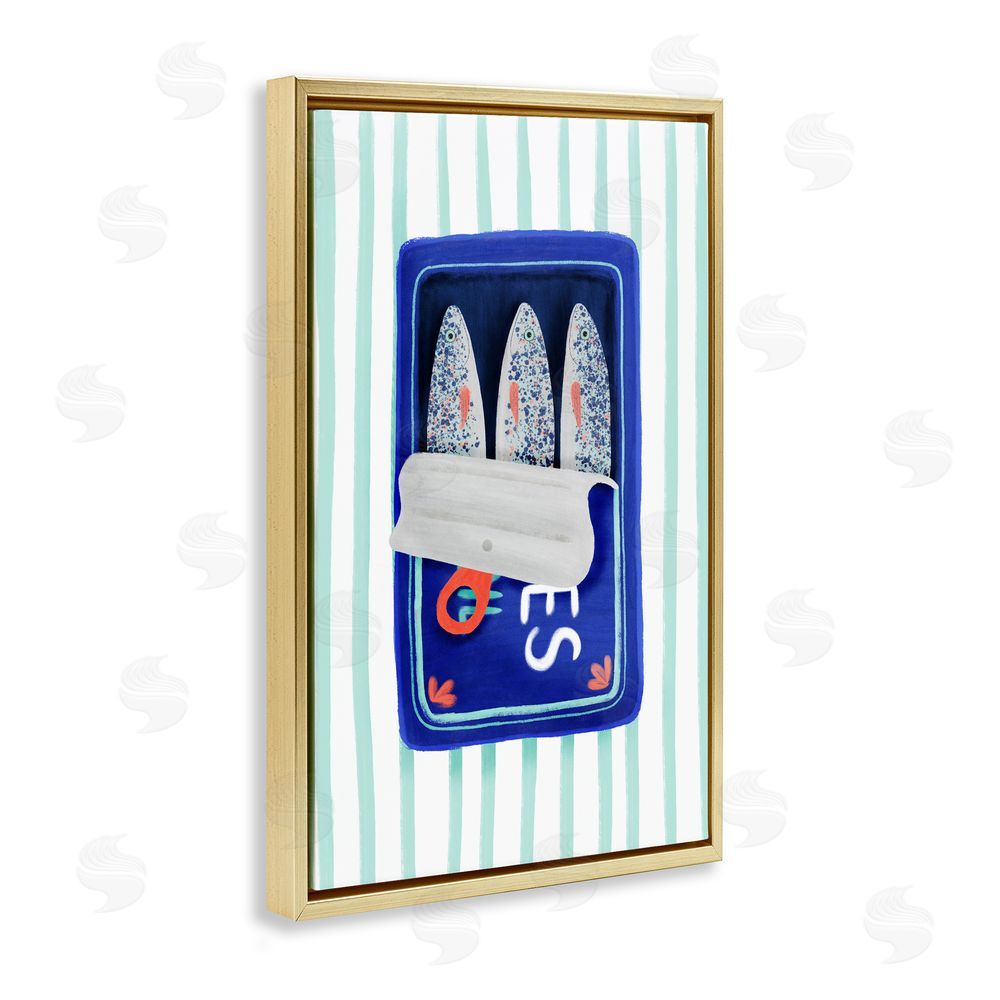 Metka Hiti Blue Sardines on Stripes Gold Floating Frame Canvas Wall Art Print