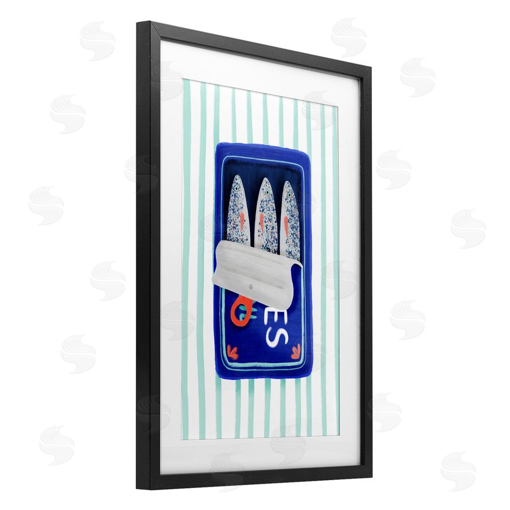 Metka Hiti Blue Sardines on Stripes Black Framed Print Under Glass Wall Art