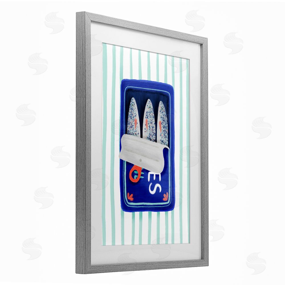 Metka Hiti Blue Sardines on Stripes Gray Framed Print Under Glass Wall Art