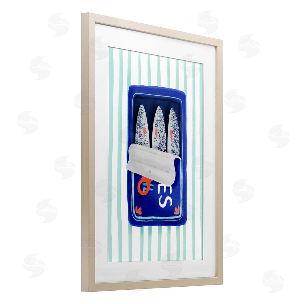 Metka Hiti Blue Sardines on Stripes Brown Framed Print Under Glass Wall Art