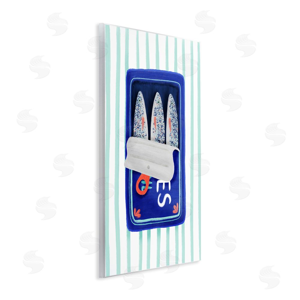 Metka Hiti Blue Sardines on Stripes Wooden Wall Plaque Art Print