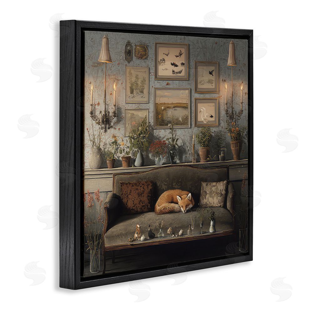 The Wands Want Fox on Antique Sofa Black Floating Frame Canvas Wall Art Print