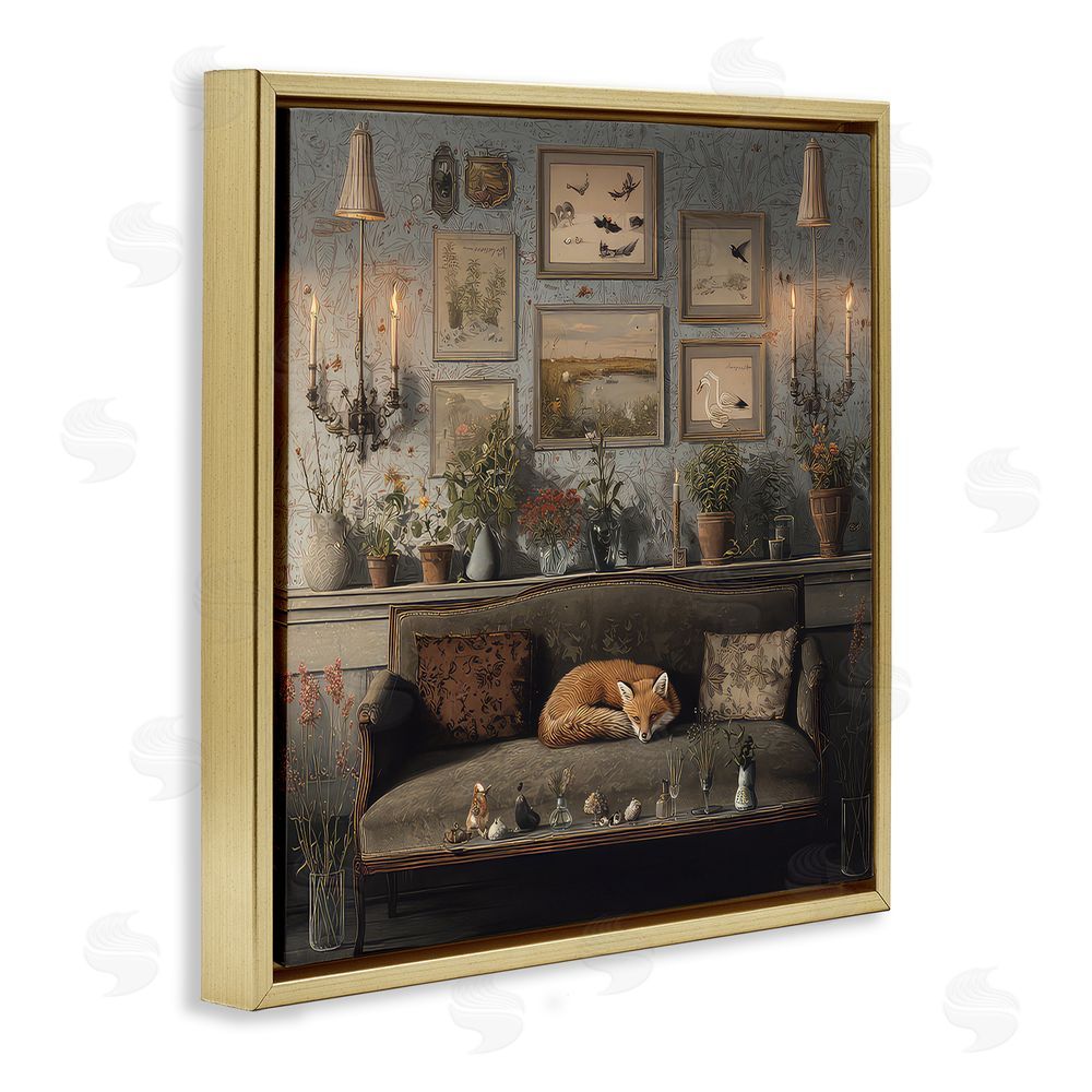 The Wands Want Fox on Antique Sofa Gold Floating Frame Canvas Wall Art Print