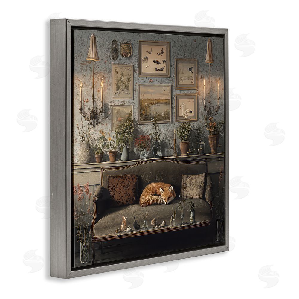 The Wands Want Fox on Antique Sofa Gray Floating Frame Canvas Wall Art Print